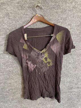 Infamous Shirt Womens XS Brown V Neck Geometric Graphic Short Sleeve Tee Top